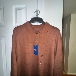 ARROW Men's XL Long Sleeve Polo Shirt NWT Brown Copper Windowpane Plaid Casual